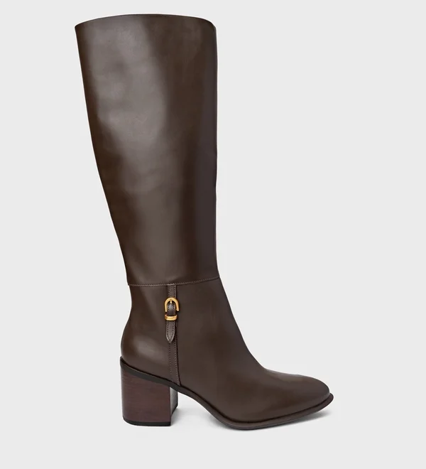 Bota Eternal Cano Alto Salto Bloco Couro Marrom Dark Brown