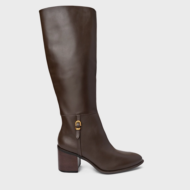 Bota Eternal Cano Alto Salto Bloco Couro Marrom Dark Brown