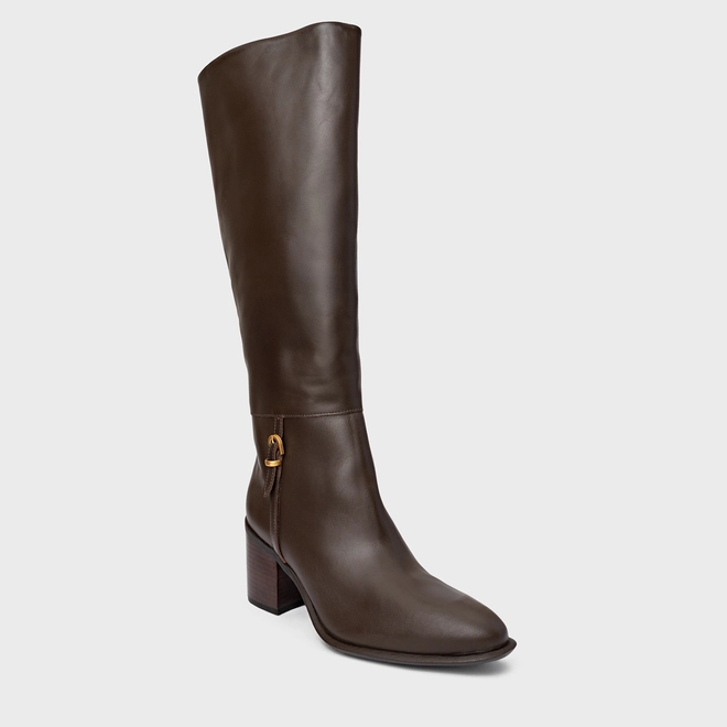 Bota Eternal Cano Alto Salto Bloco Couro Marrom Dark Brown