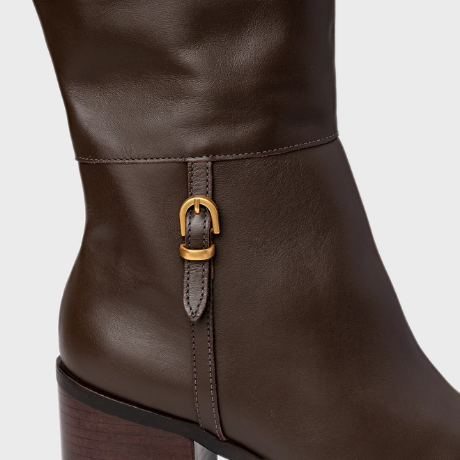 Bota Eternal Cano Alto Salto Bloco Couro Marrom Dark Brown
