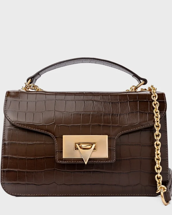 Bolsa Shoulder Catarina Média Couro Croco Marrom Dark Brown