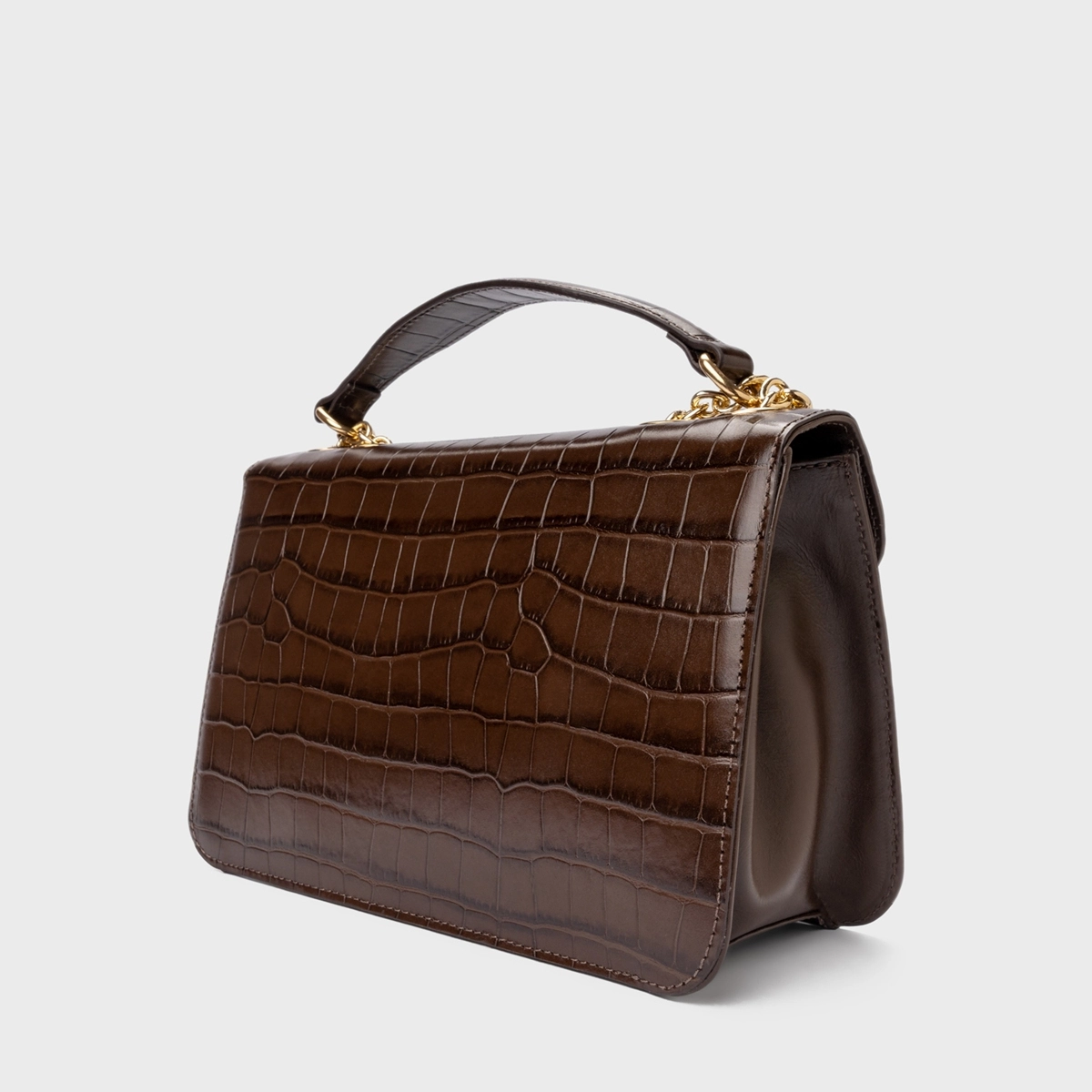 Bolsa Shoulder Catarina Média Couro Croco Marrom Dark Brown
