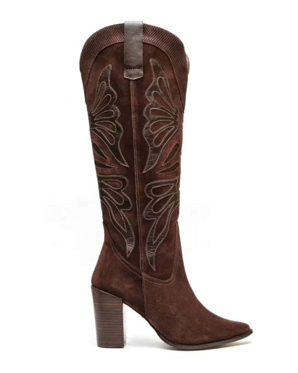 Bota Western em Couro Camurça com Bordados e Detalhe em Couro Metalizado