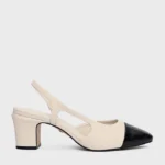 Scarpin Slingback Cap Toe Salto Bloco Couro Off White Vanilla — vista 1