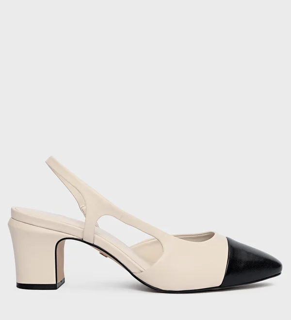 Scarpin Slingback Cap Toe Salto Bloco Couro Off White Vanilla