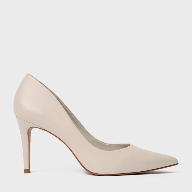 Scarpin Beatriz Salto Fino Couro Bege Oatmeal