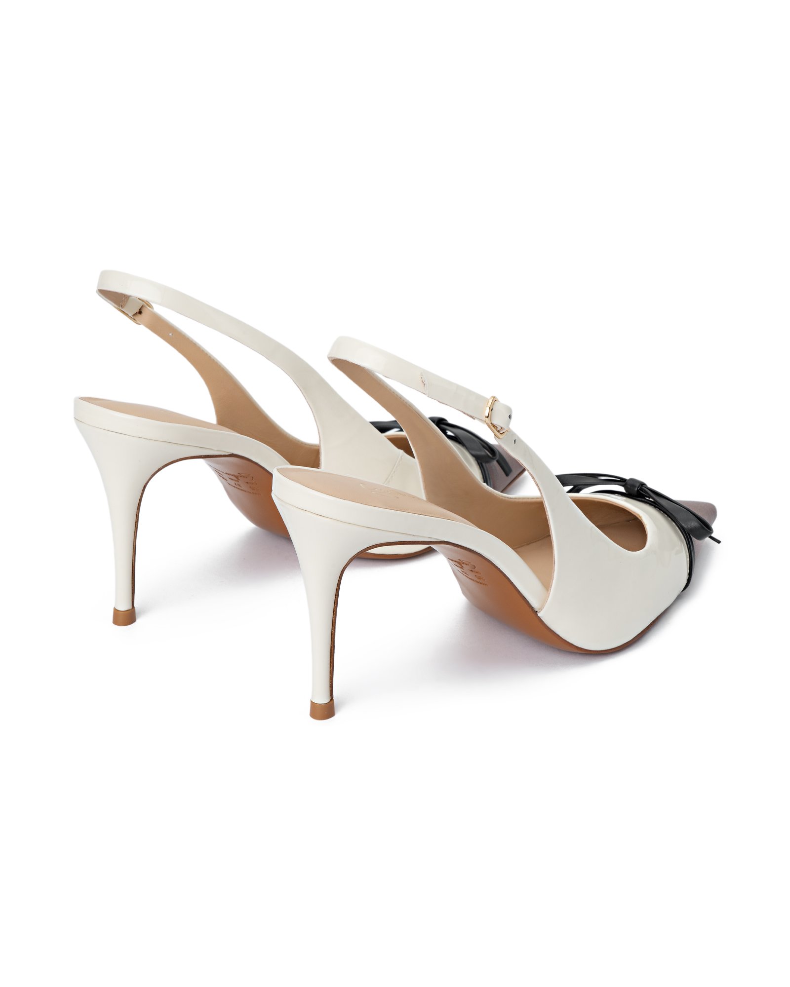 CLEO SLINGBACK Couro Verniz White/ Napa Preto/ Vest. Bourbon
